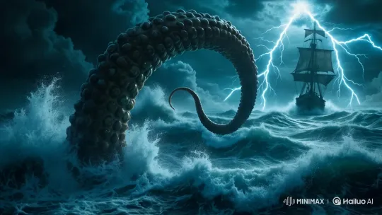 Colossal Tentacle Emerges Amidst Stormy Sea and Ship Struggle – AI Generated Video | Hailuo AI