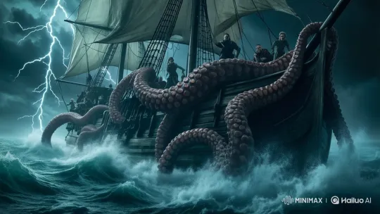 Stormy Sea: Crew Battles Monstrous Tentacled Creature – AI Generated Video | Hailuo AI