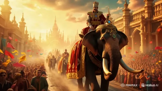 Grand Elephant Procession with Regal Figure in Festive Streetscape – AI Generated Video | Hailuo AI
