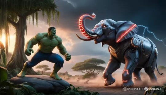 Jungle Warrior Battles Robotic Elephant at Sunset – AI Generated Video | Hailuo AI