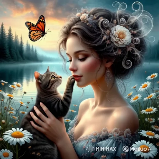 Enchanted Woman, Cat, and Butterfly in Serene Landscape – AI Generated Video | Hailuo AI