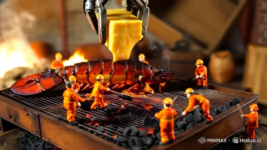 Miniature Construction: Meticulous Grilling of a Giant Lobster Tail – AI Generated Video | Hailuo AI