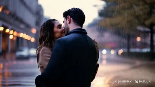 Lovers Embrace in Rainy Cityscape at Dusk – AI Generated Video | Hailuo AI