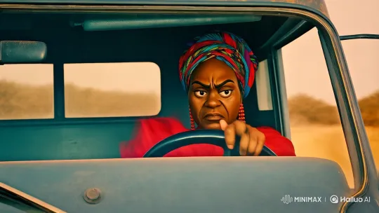 Determined Woman Drives Through Dusty Landscape in Vibrant Attire – AI Generated Video | Hailuo AI