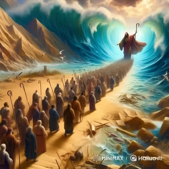 Dramatic Exodus: People Walk Through Parted Sea – AI Generated Video | Hailuo AI
