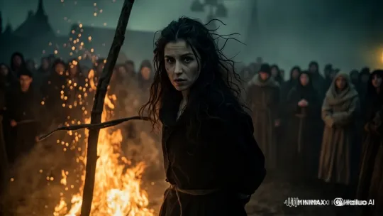 Defiant Girl Amidst Fire and Wind with Watchful Crowd – AI Generated Video | Hailuo AI
