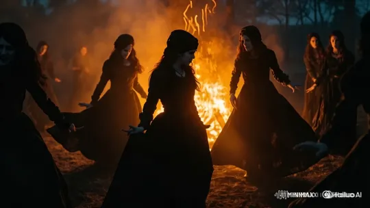 Girls Dance in Flowing Gowns Around Bonfire – AI Generated Video | Hailuo AI