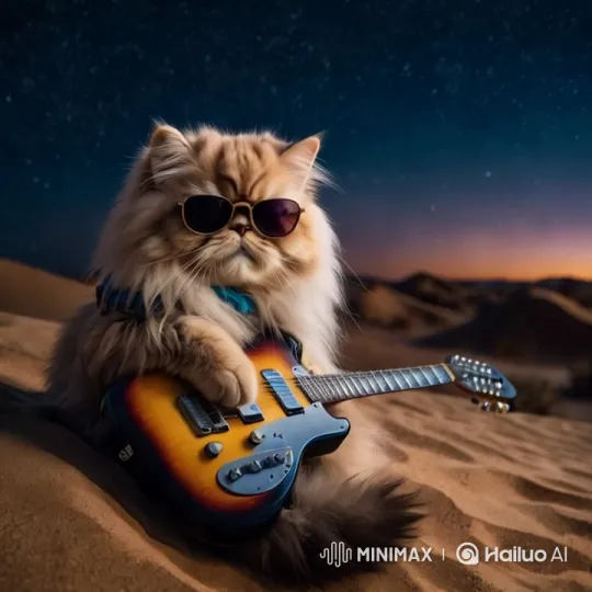 Persian Cat Rockstar Plays Blues in Desert Night – AI Generated Video | Hailuo AI