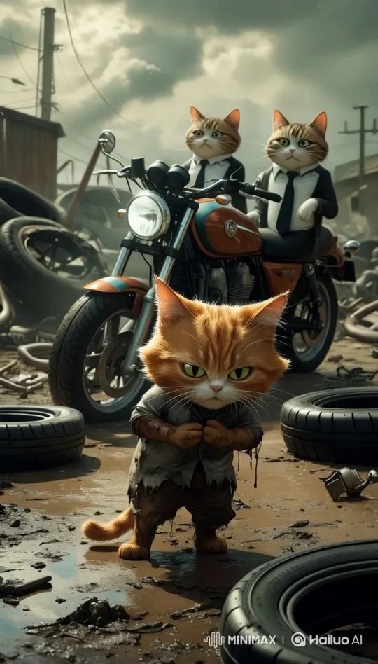 Scruffy Cat Cries Amidst Mocking Clean Cats on Motorcycle – AI Generated Video | Hailuo AI