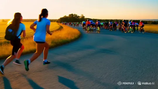 Energetic Run Towards Cyclists on Golden-Hued Road – AI Generated Video | Hailuo AI