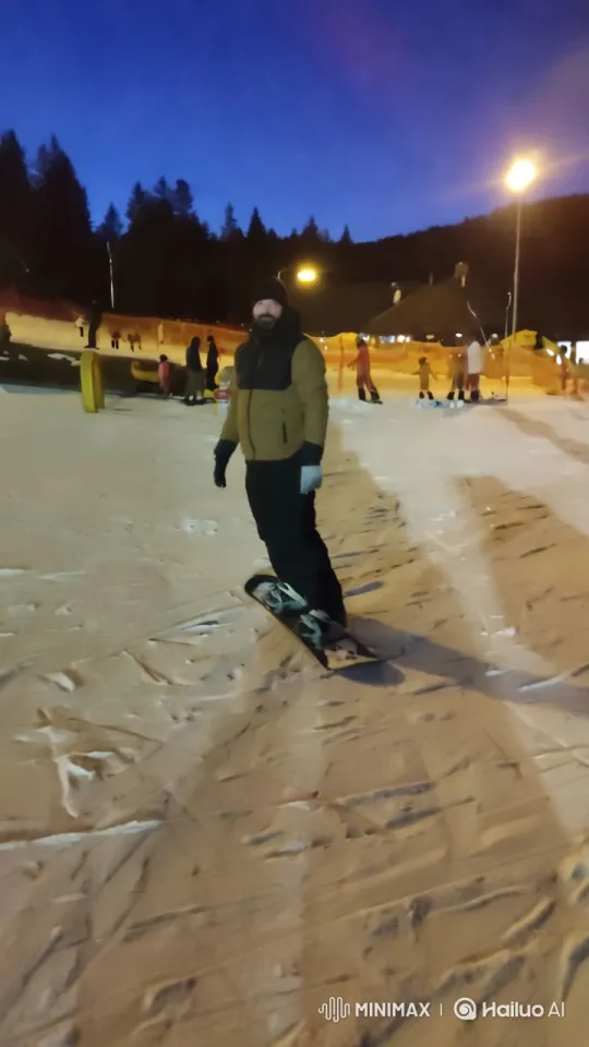 Snowboarder's Evening Jump and Ride – AI Generated Video | Hailuo AI
