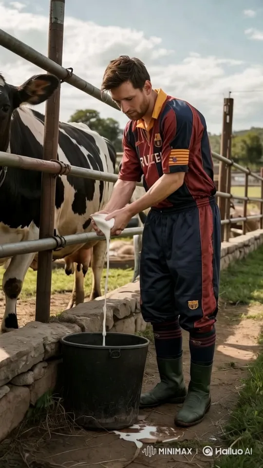 Messi Milks Cow in Barcelona Uniform at Serene Farm – AI Generated Video | Hailuo AI