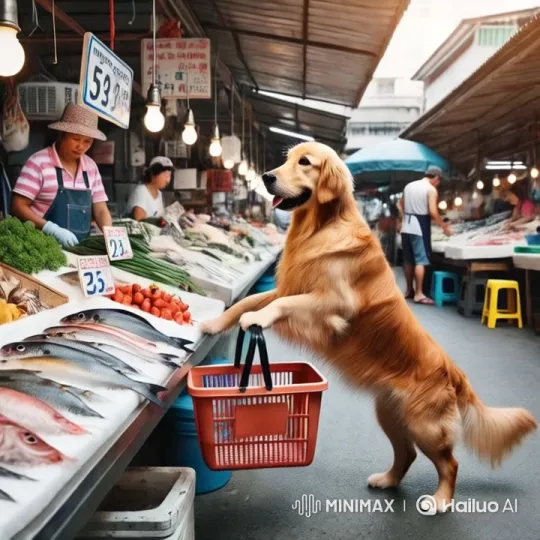 Golden Retriever Curiously Inspects Fish at Bustling Market – AI Generated Video | Hailuo AI