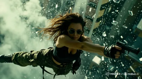 Female Protagonist in Dynamic Mid-Air Explosion Scene – AI Generated Video | Hailuo AI