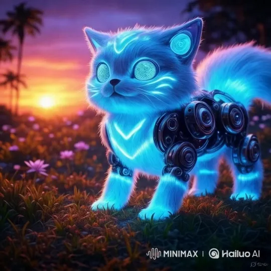 Futuristic Cyborg Cat in Enchanted Landscape at Dusk – AI Generated Video | Hailuo AI