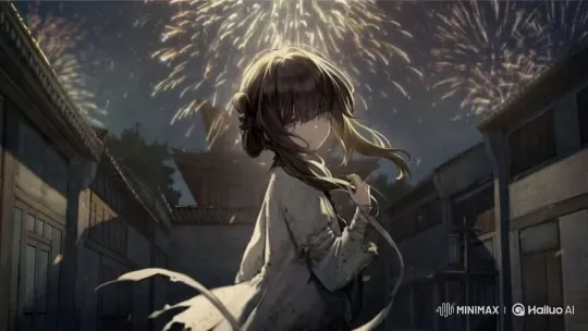Nostalgic Girl Observes Fireworks in Traditional Town – AI Generated Video | Hailuo AI