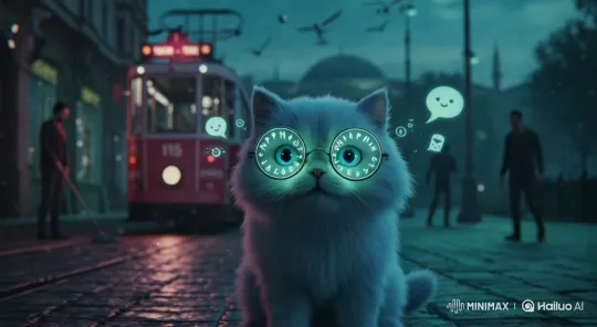 Magical Cat with Glowing Glasses in Enchanted City – AI Generated Video | Hailuo AI