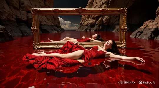 Luxurious Red Gown in Dramatic Canyon Pool Scene – AI Generated Video | Hailuo AI