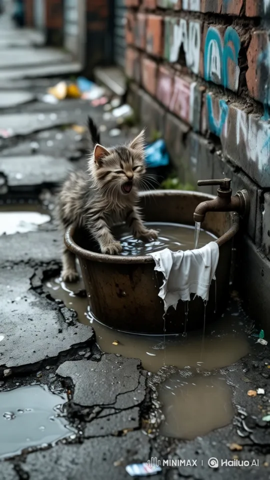 Wet Kitten Cries in Urban Basin with Graffiti Background – AI Generated Video | Hailuo AI