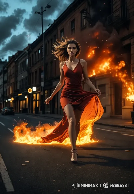 Golden Hour: Woman Strides Through Fiery Streets – AI Generated Video | Hailuo AI