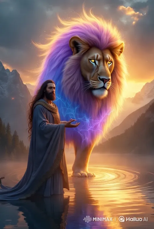 Mystical Lion and Figure at Sunset Over Serene Lake – AI Generated Video | Hailuo AI