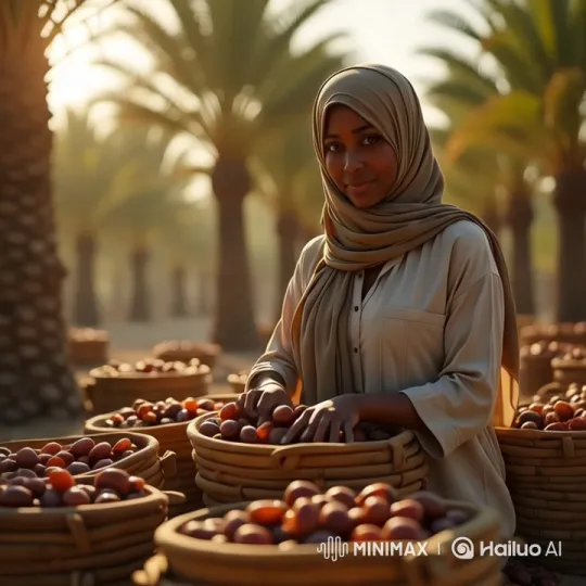 African Woman Packaging Dates in a Sunlit Orchard – AI Generated Video | Hailuo AI