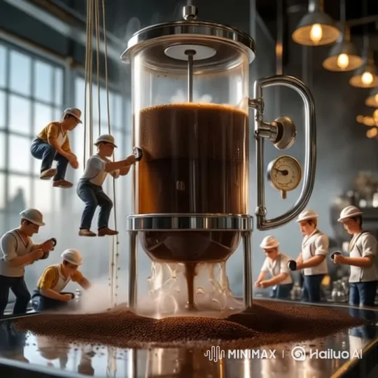Miniature Workers Brew Coffee in Giant French Press – AI Generated Video | Hailuo AI