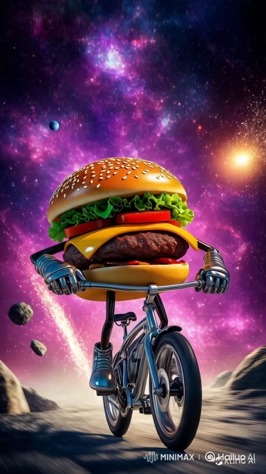 Cosmic Hamburger Rides Bicycle Through Nebulae – AI Generated Video | Hailuo AI