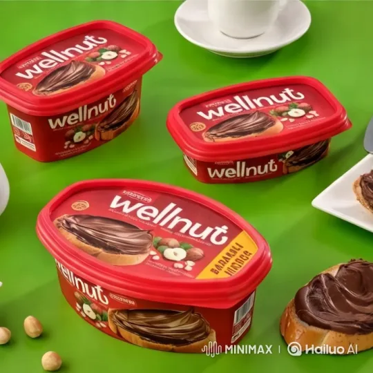 Close-Up Showcase of Wellnut Chocolate Spread Containers – AI Generated Video | Hailuo AI