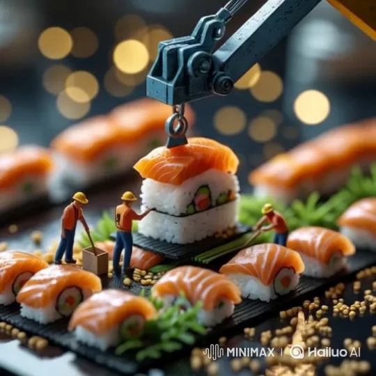 Miniature Construction Site on Sushi Table with Hyper-Detailed Workers – AI Generated Video | Hailuo AI
