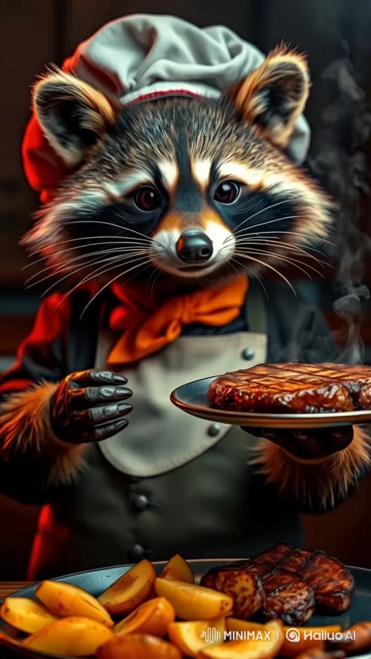 Anthropomorphic Raccoon Chef Presents Sizzling Steak – AI Generated Video | Hailuo AI