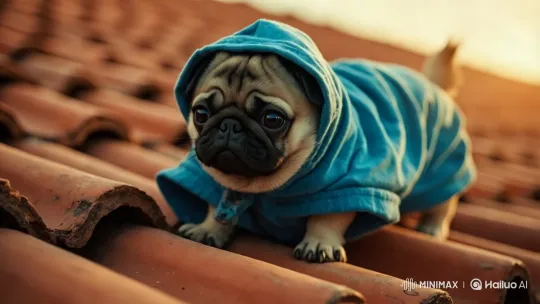 Pug in Hoodie Cautiously Crawls on Roof Tiles – AI Generated Video | Hailuo AI