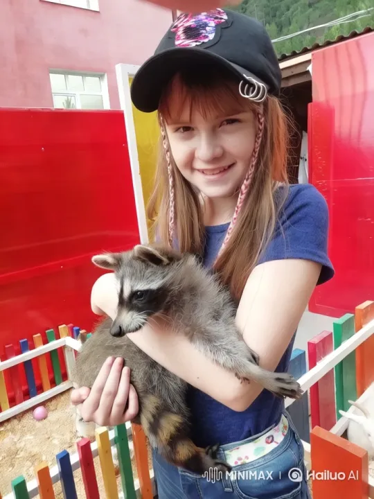 Young Girl Bonds with Raccoon in Colorful Setting – AI Generated Video | Hailuo AI