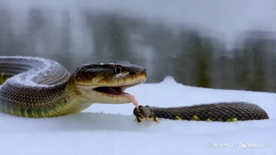 Tiny Frog Finds Warmth in Snake's Mouth Amid Winter Snow – AI Generated Video | Hailuo AI