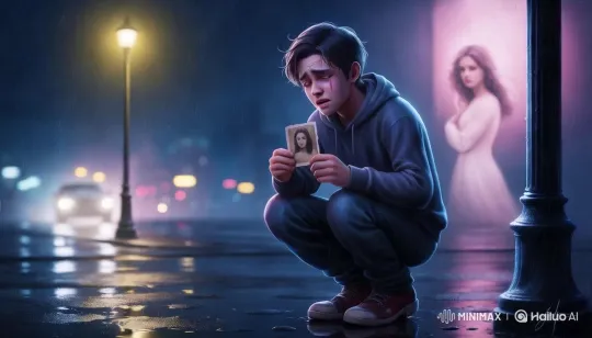 Boy Reflects on Photo in Rainy Street Scene – AI Generated Video | Hailuo AI