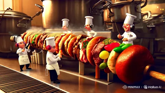 Miniature Chefs Craft Döner on Enormous Spit – AI Generated Video | Hailuo AI