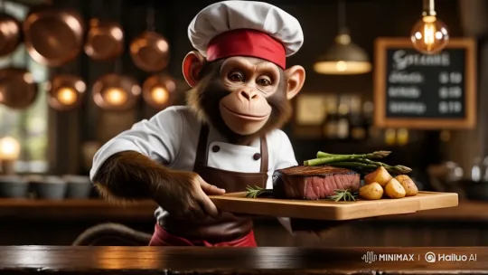 Anthropomorphic Monkey Serves Gourmet Steak in Live2D Animation – AI Generated Video | Hailuo AI