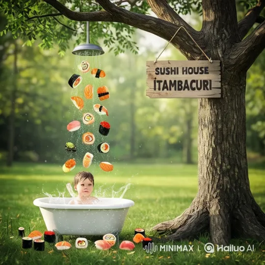 Sushi Shower in Serene Outdoor Bathtub Setting – AI Generated Video | Hailuo AI