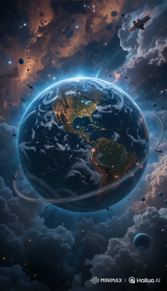 Cosmic Globe: City Lights and Nebulae Orbiting in Space – AI Generated Video | Hailuo AI