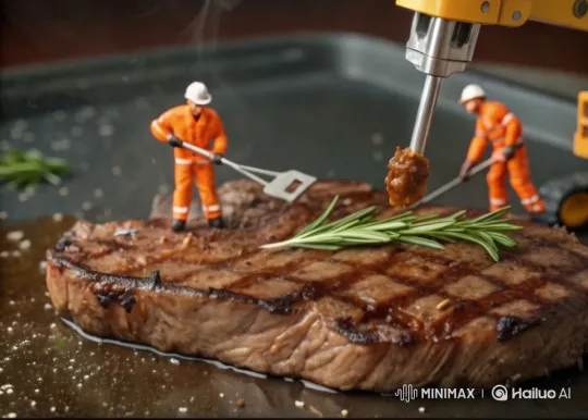 Miniature Workers Prepare Artistic Steak Display – AI Generated Video | Hailuo AI