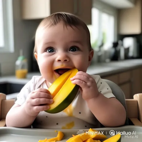 Baby Enjoying Mango Slice in Modern Kitchen – AI Generated Video | Hailuo AI