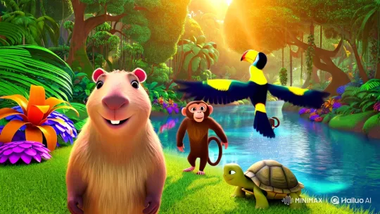 Harmonious Jungle: Capybara and Friends in Colorful Bliss – AI Generated Video | Hailuo AI