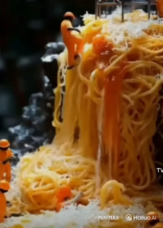 Whimsical Construction Workers Climb Aesthetic Spaghetti Mountain – AI Generated Video | Hailuo AI
