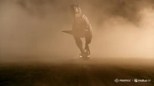 T-Rex Pursues Car in Foggy, High-Tension Night Chase – AI Generated Video | Hailuo AI