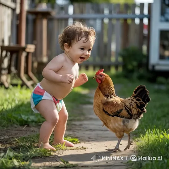 Toddler Interacts with Chicken in Sunny Backyard – AI Generated Video | Hailuo AI