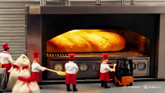 Miniature Chefs Craft Giant Baguette in Close-Up Bakery Scene – AI Generated Video | Hailuo AI