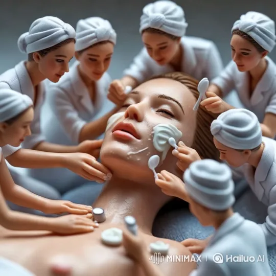 Miniature Specialists' Skincare Ritual on a Woman's Skin – AI Generated Video | Hailuo AI