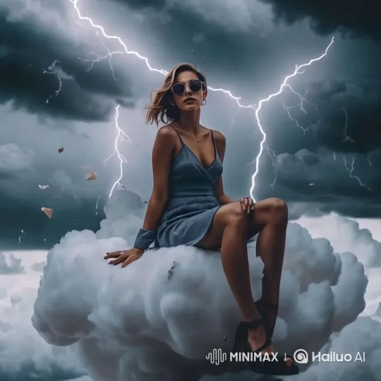 Model Poses on Cloud Amidst Stormy Sky Aesthetic – AI Generated Video | Hailuo AI
