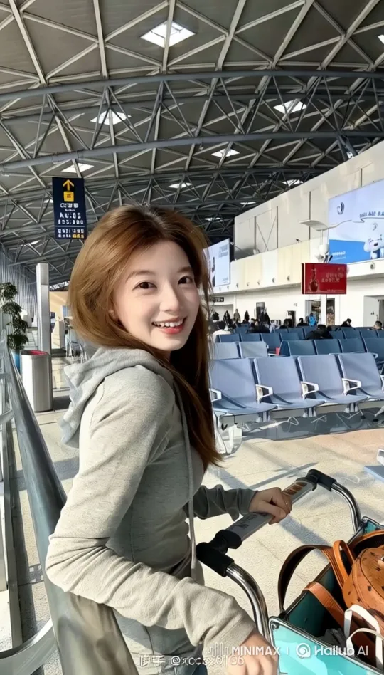Modern Airport Terminal: Woman Awaits by Luggage Cart – AI Generated Video | Hailuo AI