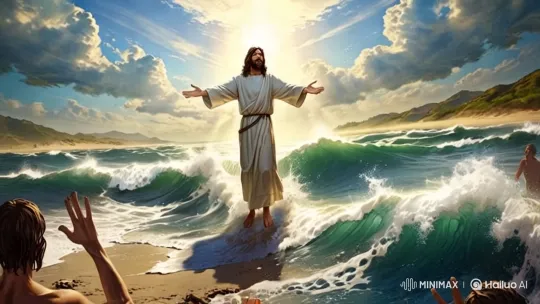 Mystical Figure Stands on Waves Amidst Radiant Landscape – AI Generated Video | Hailuo AI